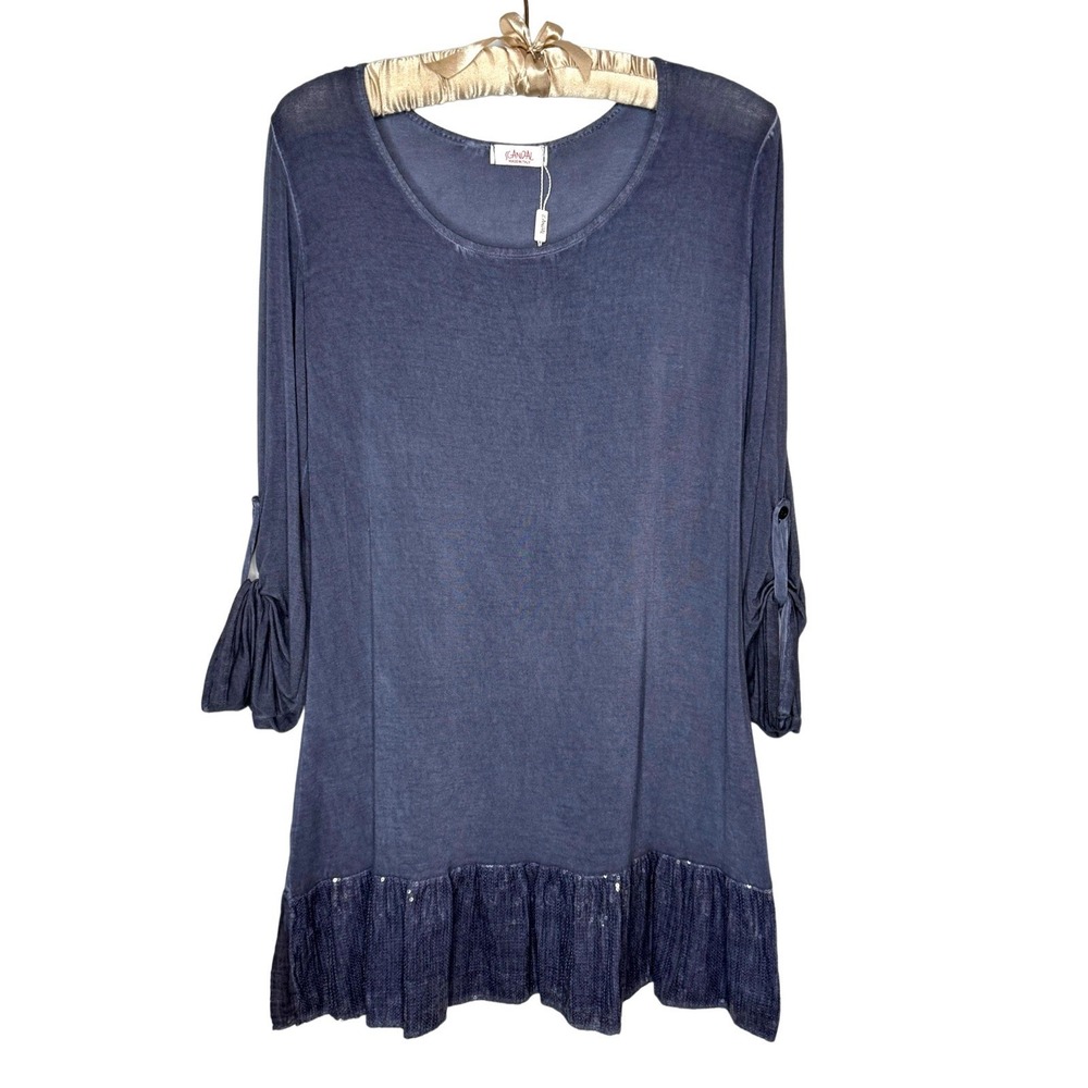 NWT Scandal Italy Lagenlook Sequin Ruffle Tunic Top Blue S/M Roll Tab Sleeve